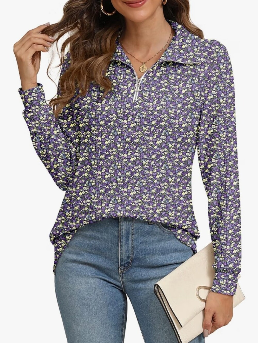 Purple Floral Zip-Front Long Sleeve Top